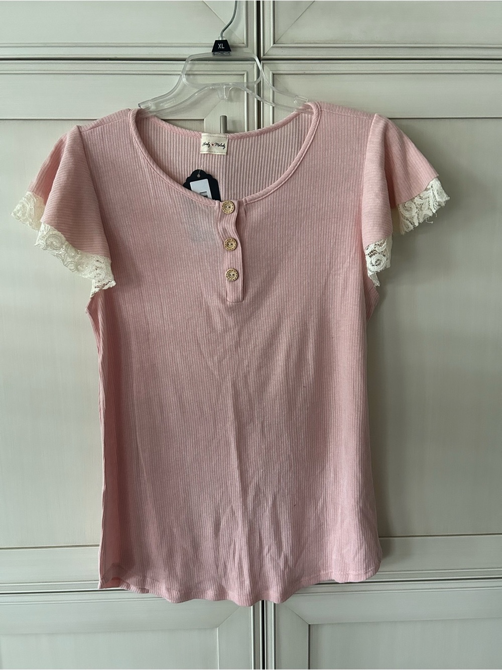 Lovely Melody Blush Ribbed Button-Neck Top